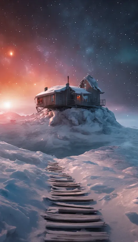 4K, hdr, High quality, tree house, Beautiful, Space Trader, looks away, Sparkling snowdrifts, Frozen tundra, Arctic sea ice,  nigh sky, stars, Clouds, Fiery sky, space, Moon, Works of art by Jean-Honor Fragonard and Michal Karcz