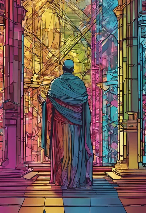 Curtain wall, illustartion, A man with a scepter in a toga, multi-colored glass