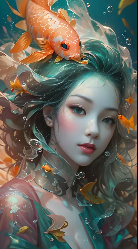 ModelShoot style, (Extremely detailed Cg Unity 8K wallpaper), A chaotic storm of intricate liquid smoke in the head, Stylized abstract portrait of beautiful girl, wetted skin,Koi，Beautiful koi，Flocks of koi,carp，Strange shaped corals，ocean floor，Beautiful ...