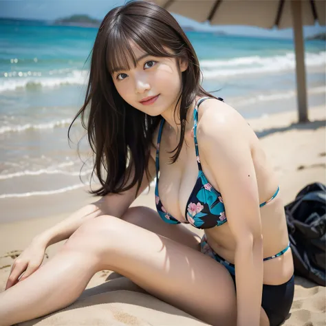 in 8K,Best Quality:1.4, 超A high resolution:1.5, (Photorealistic:1.4),​masterpiece:1.2,(top-quality:1.4)、 Raw photo、 (From the knee up:1.4), (the background is blurred), sea side, sand beach, 1日本人の女の子, Cute, (Solo), (Shy smile), Smooth skin、Floral Bikini:1....