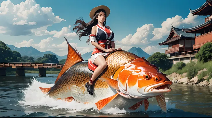 Beautiful woman riding astride a giant Nishikigoi carp, background the large river, wide angle shot full body view, detailed beautiful face, detailed eyes