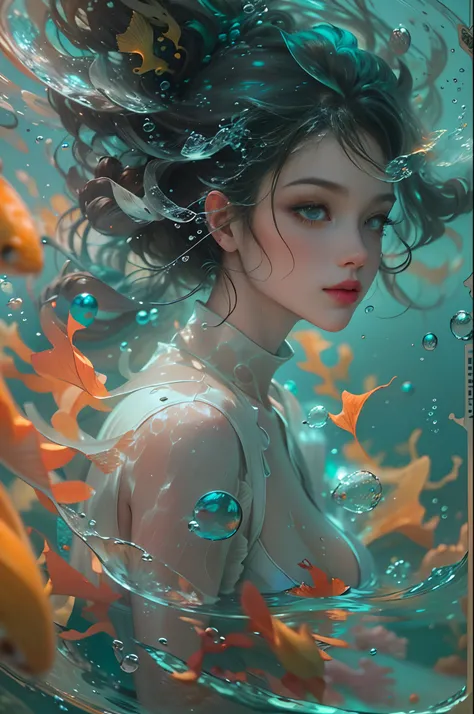 ModelShoot style, (Extremely detailed Cg Unity 8K wallpaper), A chaotic storm of intricate liquid smoke in the head, Stylized abstract portrait of beautiful girl, wetted skin,Koi，The corals，ocean floor，Marine life，author：Petros Afshar, ross tran, tom whale...