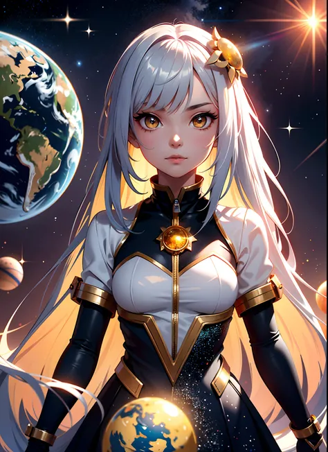 Absurd resolution, high resolution, (masterpiece: 1.4), super detail, a girl, very long straight hair, silver hair colorful, big yellow crystal eyes, seductive face, determined face, from above, space, floating in the space, no G, (floating space girl), ce...