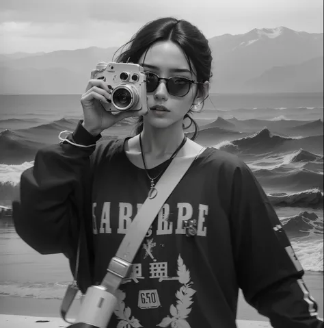 Black and white color, change into anime vibe, long black hair, with a camera on hand.