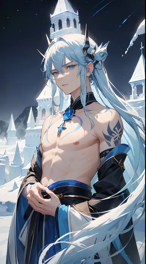 (1man, male:1.4, grown man:1.5), stand faces to us, full body, (long hair, light blue hair, blue and white hair:1.4, blue eyes, white skin, stern serious expression), (light blue kimono, open chest), (skin tattoos:1.2, blue shoulder tattoos, blue finger ta...