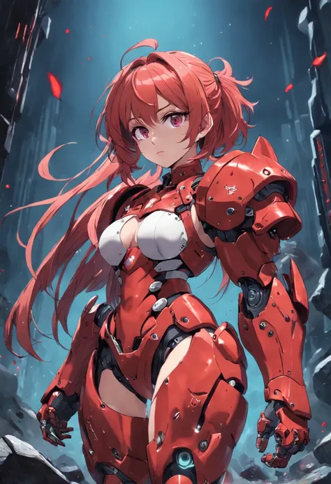 beautiful little girl, ((red)), ((blood power armor)), ((power knuckles)), the perfect body, ((perfect arms)), ((curvy shapes)), crystal hair, combat