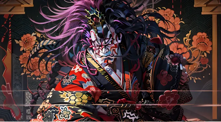 kabukiza,kabuki actor,ember,male people,kime pose,long hair,scary face,the background is the stage,a cool,realisitic,a picture,