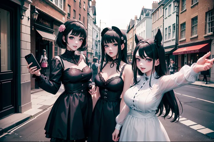 (obra maestra) (La mejor calidad) A selfie of several kawaii gothic-looking women on a London street. They are young, cheerful and love to make jokes in the photos.