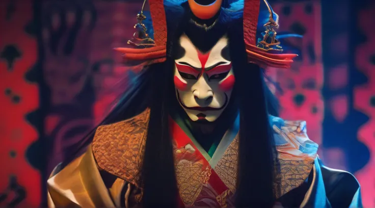 Kabukiza,Kabuki actor,ember,male people,Kime Pose,Long hair,Scary face,The background is the stage,a cool,realisitic,a picture,