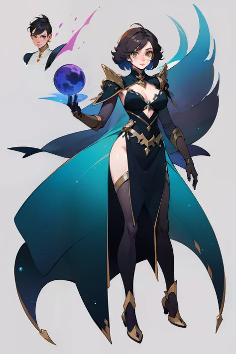 Concept design fantasy elfine wizardess with short hair, revealing costume