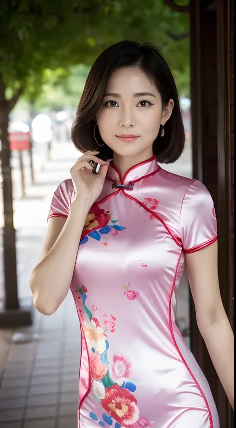 Best quality, best image quality, highest resolution, super detail, china clothes, short sleeve cheongsam, cheongsam material is satin, shiny and soft and smooth to the touch, tight cheongsam, no underwear is worn, Chest is C cup, full body shooting so tha...