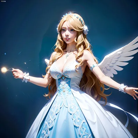 Generate an AI image of a long-haired blonde girl with large blue eyes, wearing a beautiful white dress, her hair cascading in curls, adorned with a large cross necklace, and sporting white wings, while embarking on an adventure in a magical world