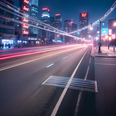 A distant view of a neon-lit cityscape, with cars racing around high-speed tracks, leaving behind a trail of neon light.