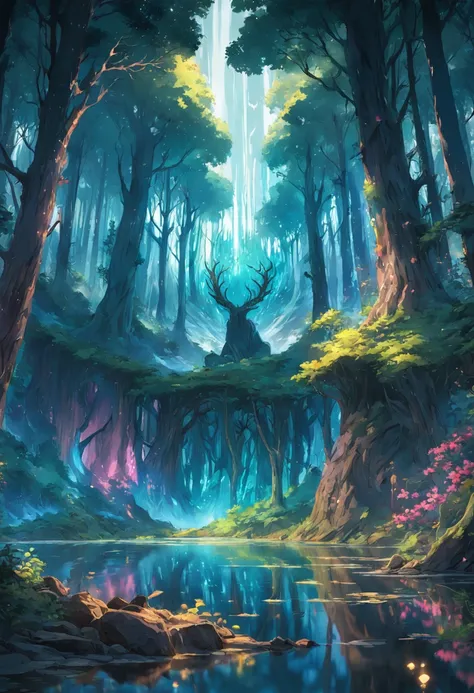 (Light magic:1.2), (Grim:1.1) forest, springtime, (Intricate details), A mirror-like lake，(ultra - detailed), 8k hdr, high detal, A lot of detail, High quality,Tyndall effect， (Colored:1.3)