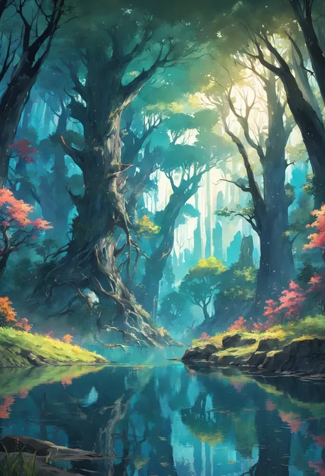 (Light magic:1.2), (Grim:1.1) forest, springtime, (Intricate details), A mirror-like lake，(ultra - detailed), 8k hdr, high detal, A lot of detail, High quality,Tyndall effect， (Colored:1.3)