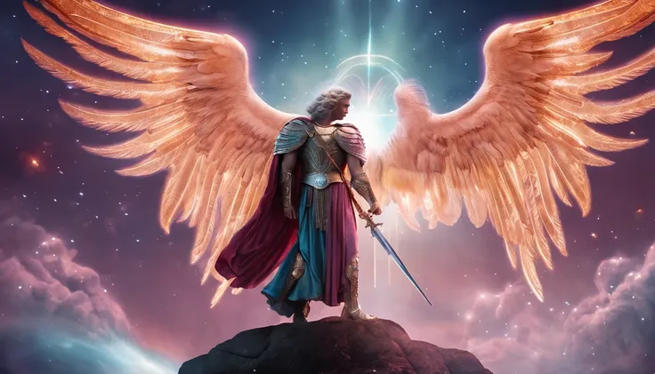 um personagem masculino, o arcanjo Miguel, imagem celestial, detalhes intricados, realista, asas ROSAS e grandes, fundo angelical, Catholic illustrative image of the archangel Michael, Male character of the Bible, Michael is wearing his angelic armor, cosm...