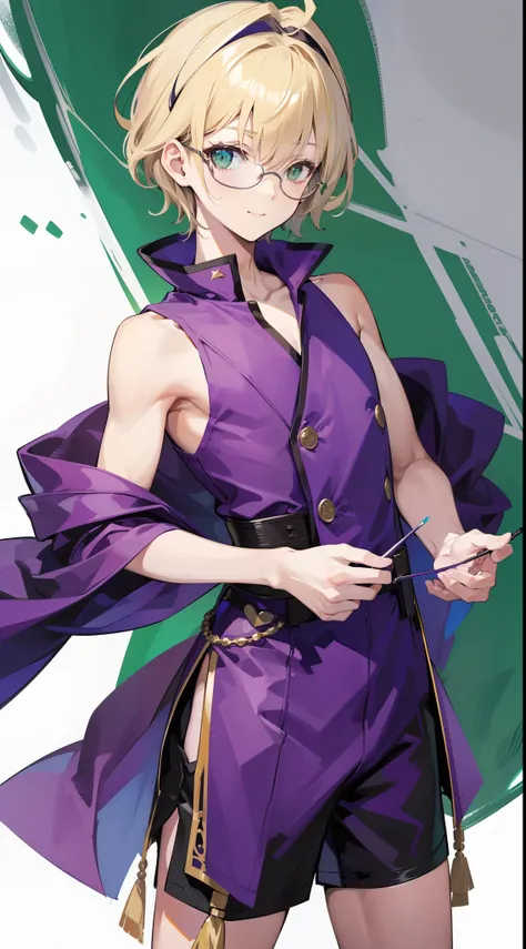 young boy, short blonde hair, Green eyes, Purple robe, Sleeveless, Shorts, pilots glasses on his head, ssmile, Masterpiece, hiquality