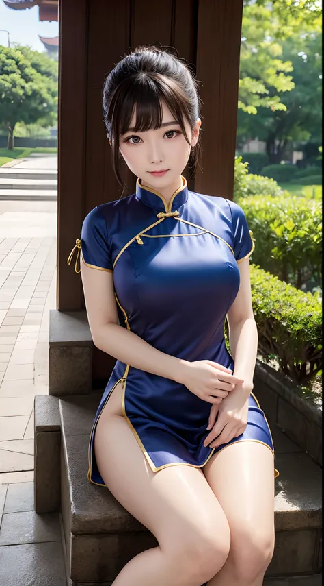 最好质量、top image quality、top resolution、ultra-detailded、chinese clothes、short sleeve cheongsam、the material of the cheongsam is sa...