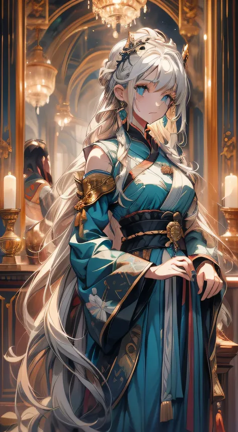 Works of masters，Best image quality，Higher quality，high detal，超高分辨率，s the perfect face，exquisite facial features，Seven-doppelganger shot，a beauty girl, Expressionless, Long hair, White hair, Double up braid, standing, aqua eyes, Drop earrings, Castle, Slee...