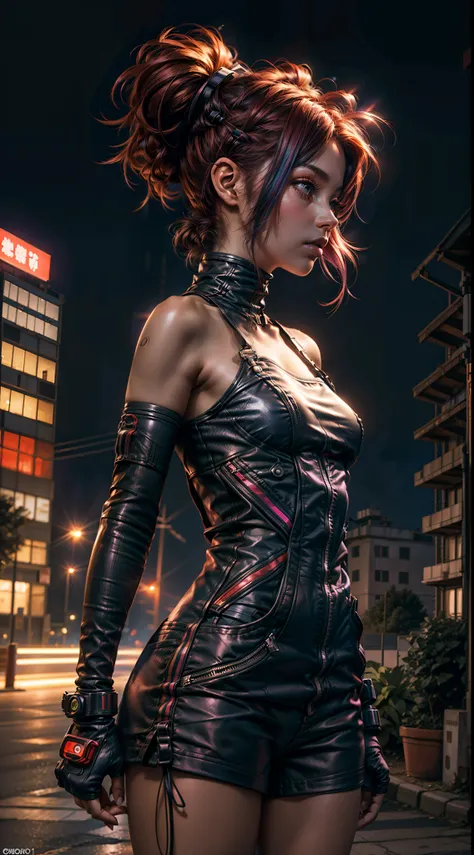 Portrait of an 18-year-old girl with short colored rainbow hair wearing ripped short red jumpsuit, profile image looking at camera ,roupas molhadas ,city at night cyber punk style cinematic style, 16k ultra realista