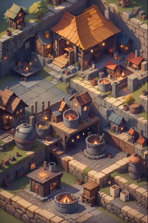 pixel game scenes，isometric architecture，blacksmith shop，