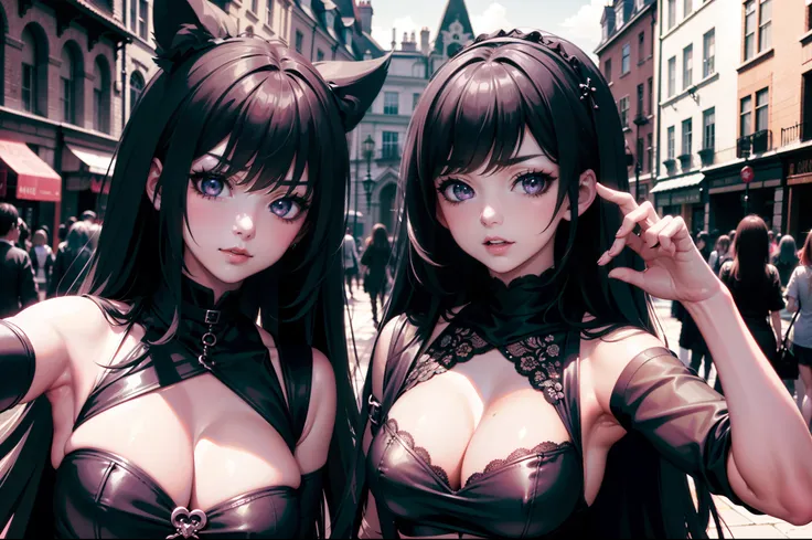 (obra maestra) (La mejor calidad) A selfie of several gothic-looking kawaii women on a London street. are young, alegre y me encanta hacer bromas en las fotos.