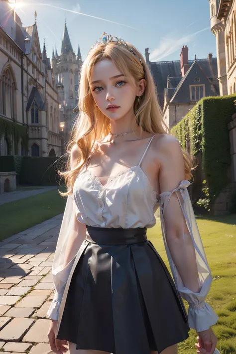 JK micro skirt,19 and/o Wear a pink dress, cleavage, Blue eyes, Blonde, Moderately full breasts, Slender, lisses, skin indentation, Wavy skirt, (Small skirt:1.2), No_Panties, Topless, Shivering, (goosebumps:0.7), crown, Cute, Beautiful face, Thin face, (ey...