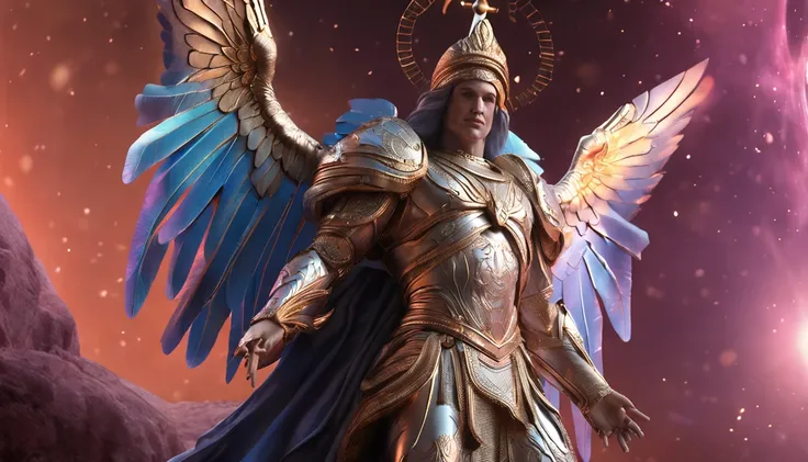 um personagem masculino, o arcanjo Miguel, imagem celestial, detalhes intricados, realista, asas ROSAS e grandes, fundo angelical, Catholic illustrative image of the archangel Michael, Male character of the Bible, Michael is wearing his angelic armor, cosm...