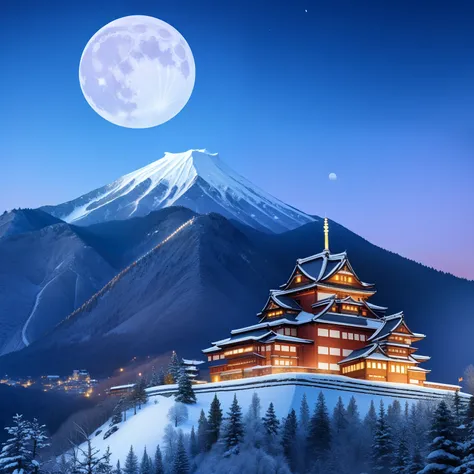 A majestic castle perched atop a snow-capped mountain in Japan, illuminated by a full moon, colorful --auto