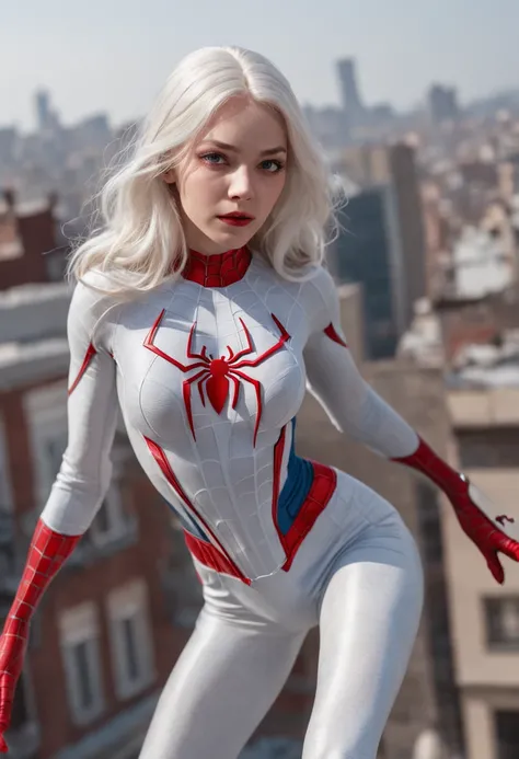 (Masterpiece, 4k resolution, ultra-realistic, very detailed), (White superhero theme, charismatic, theres a girl on top of town, wearing Spider-Man costume, shes a superhero), [ ((25 years), (long white hair:1.2), full body, (blue eyes:1.2), ((Spider-Man p...