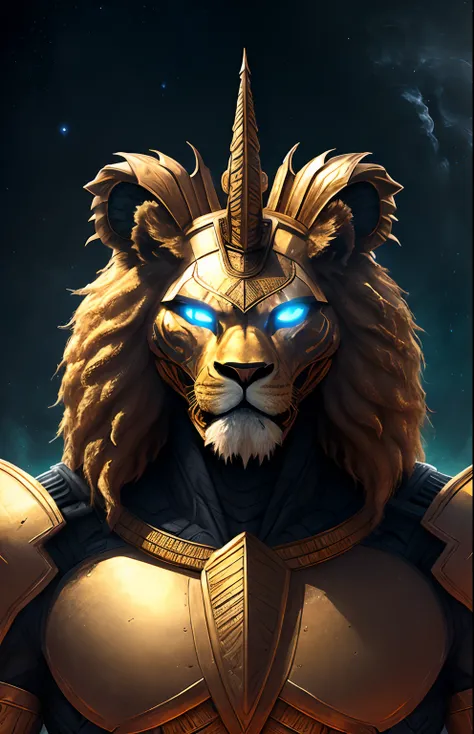 "Criar uma imagem de um close-up representado de uma criatura humanoide,  Egypt Extraterrestrial God in futuristic robe A fusion of being a warrior and an albino lion, which encapsulates the majesty of the Egyptian gods and a futuristic aesthetic. The lion...