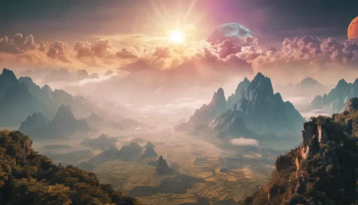 Ancient Chinese landscapes，mountain ranges，rios，Auspicious clouds，rays of sunshine，tmasterpiece，super detailing，Epic composition，hyper HD，high qulity，extremely detaile，offcial art，Unity8k wallpapers，super detailing，Intentional realm, 32k -- v 6