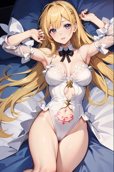 female nobel idol, thin white sleepwear dresses outfit, lying on the bed, best quality anime 16k wallpaper, masterpieces, sexy aura, blonde, bedroom background, perfect body shape, golden color pupil, ribbon on hair, no underwear, crotch tattoo