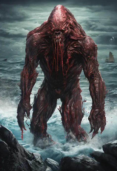 a drawing，It depicts a truly mutilated ocean mutant monster，Blood on his face，bleeding from head, massacre, Science fiction - the horror art of fiction, sci-fi horror artwork, inspired by Aleksi Briclot, Slaughtered fangs, horror fantasy art, author：Alexi ...