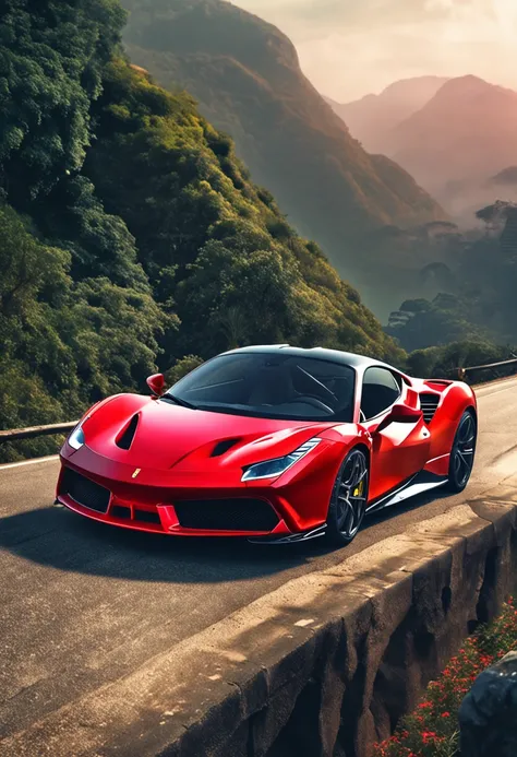 (Best quality, 8k, Masterpiece :1.2),  hyper realistic, an red Ferrari 488 at a montain in the city of rio de janeiro Brazil