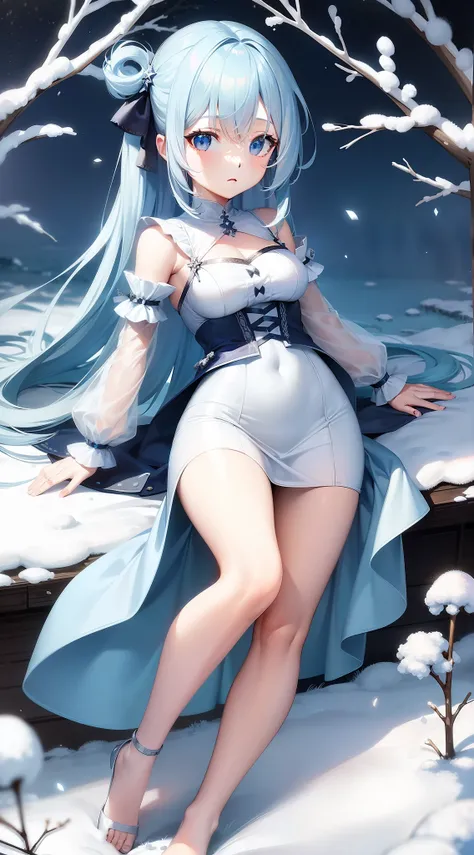 Masterpiece, high quality, snowy landscape, 1girl, blue and white clothing, sky blue hair, grey eyes, frost on limbs, frozen limbs