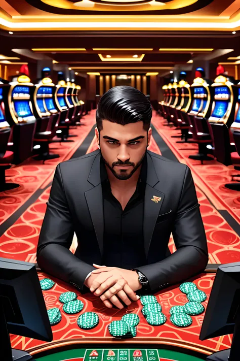 A imagem retrata um hacker de casinos em uma sala escura e furtiva. Hes sitting in front of several computer monitors, displaying the surveillance cameras of the different corners of a luxurious casino. O hacker usa um capuz preto, que sombreia seu rosto, ...