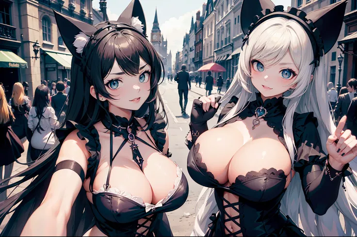 (obra maestra) (La mejor calidad) A selfie of several gothic-looking kawaii women on a London street. are young, alegre y me encanta hacer bromas en las fotos.