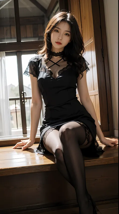 (8K,tmasterpiece,RAW photos,best qualtiy,the detail:1.2),Korean female model，Height 175 cm，perfect bodies，Long legs，wavy and long hair，Pose on wooden stairs in lace dresses and heels,wearing silk stockings，Wearing 0D pantyhose，full lenght shot, Dressed in ...