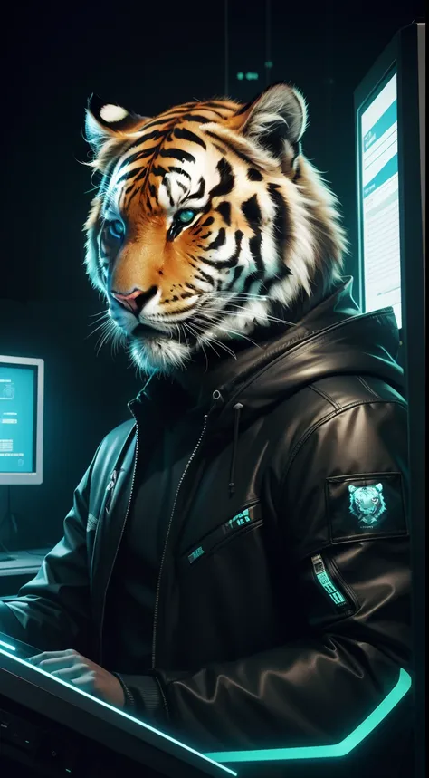 hacker, tiger face, matrix on computer, stare at the computer, neon light, Animal Anthropomorphism, realistic digital, humanoid, abstract background, global illumination, intricate, epic, dramatic, masterpiece, high detail, best quality, ultra high res