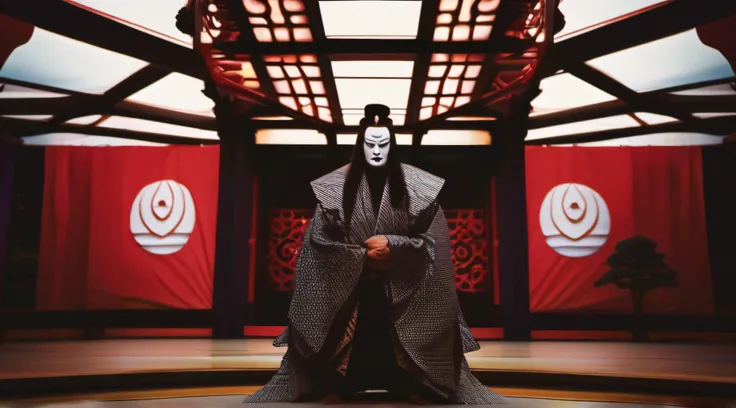 Kabukiza,Kabuki actor,ember,male people,Kime Pose,Long hair,Scary face,The background is the stage,a cool,realisitic,a picture,