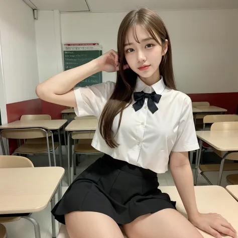 8K, Raw photo, low  angle shot, ((Very cute schoolgirl in short skirt and bow tie sitting on school bench)), (Indonesia Womens Uniform), (Wearing an Indonesian uniform), (Indonesian Uniforms), (a hyperrealistic schoolgirl), (dressed as schoolgirl, a hyperr...