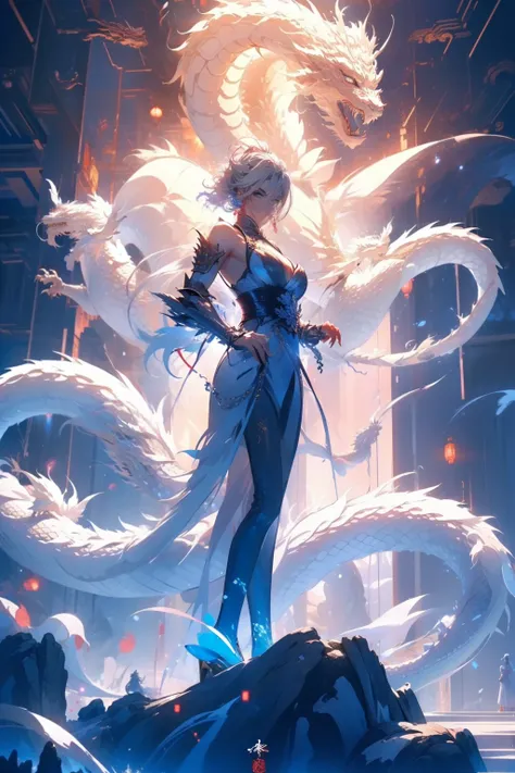 (((White Dragon)))，chinesedragon，(((Behind it is a huge Chinese dragon)))，A woman of outstanding figure，Wear a nice miniskirt，Leaking out of both shoulders，jewely，Amazing work，Vitreous luster,clean backdrop，High gloss，blue colors，In pink，cyan colors，red co...