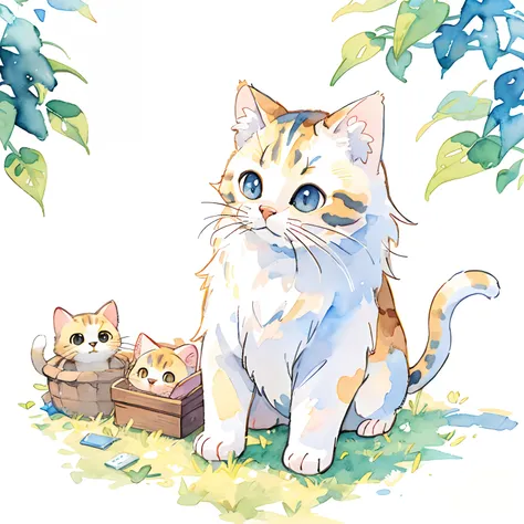 cats:1.5、tiere、1animal、cute little、white hairs、fluffly、simple background、white backgrounid、picture-book style、watercolor paiting