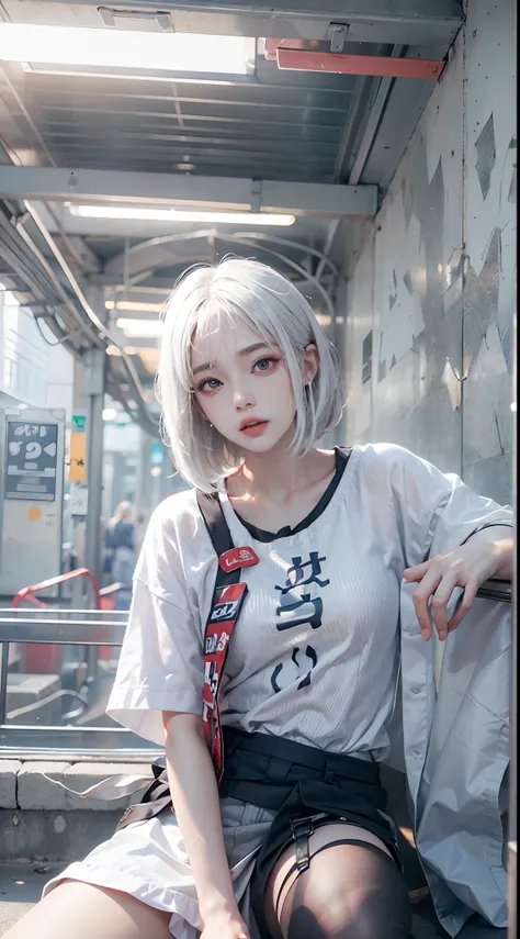 ulzzang-6500-v1.1, (raw photo:1.2), (photorealistic:1.4), beautiful detailed girl, very detailed eyes and face,Hinata from Naruto, cool pose, battlefield background, perfect body, white eyes, white bobcut hair