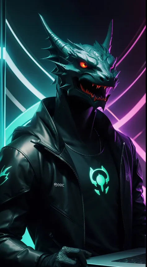 hacker, dragon face, matrix on computer, stare at the computer, neon light, Animal Anthropomorphism, realistic digital, humanoid, abstract background, global illumination, intricate, epic, dramatic, masterpiece, high detail, best quality, ultra high res