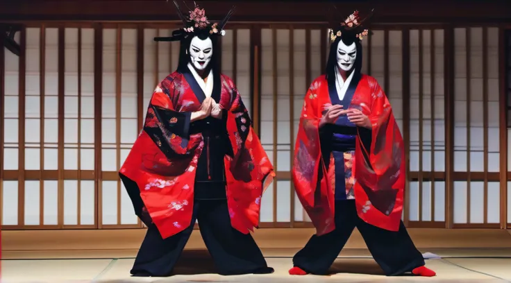 Kabukiza,Kabuki actor,ember,male people,Kime Pose,Long hair,Scary face,The background is the stage,a cool,realisitic,a picture,