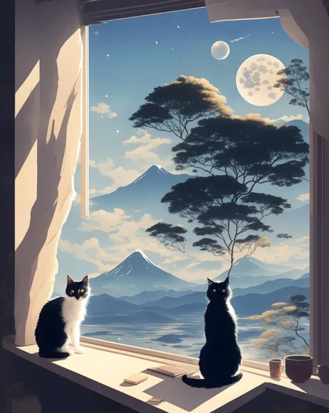 There was a cat sitting on the windowsill watching the moon，looked at the moon，looking at the full moon，Hiroshi Yuhonda，in front of a full moon，Yukihiko Yuyasuda，Yoshihiko Yuwada，By Takase Kanaoka，In the evening with moonshine，Ultra-realistic pictures，watc...