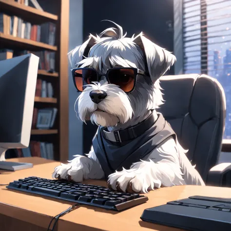 master part, um schnauzer, estilo matricial, casaco Preto, digitando num teclado, sentado em uma cadeira na frente do PC, sun glasses, Dynamic angle, best quality, 4k,