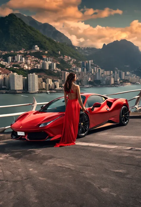 (Best quality, 8k, Masterpiece :1.2), hyper realistic, an red Ferrari 488 at a montain in the city of rio de janeiro Brazil, The Redeemer Christ at background, a beautifull brown hair girl looking at landscape